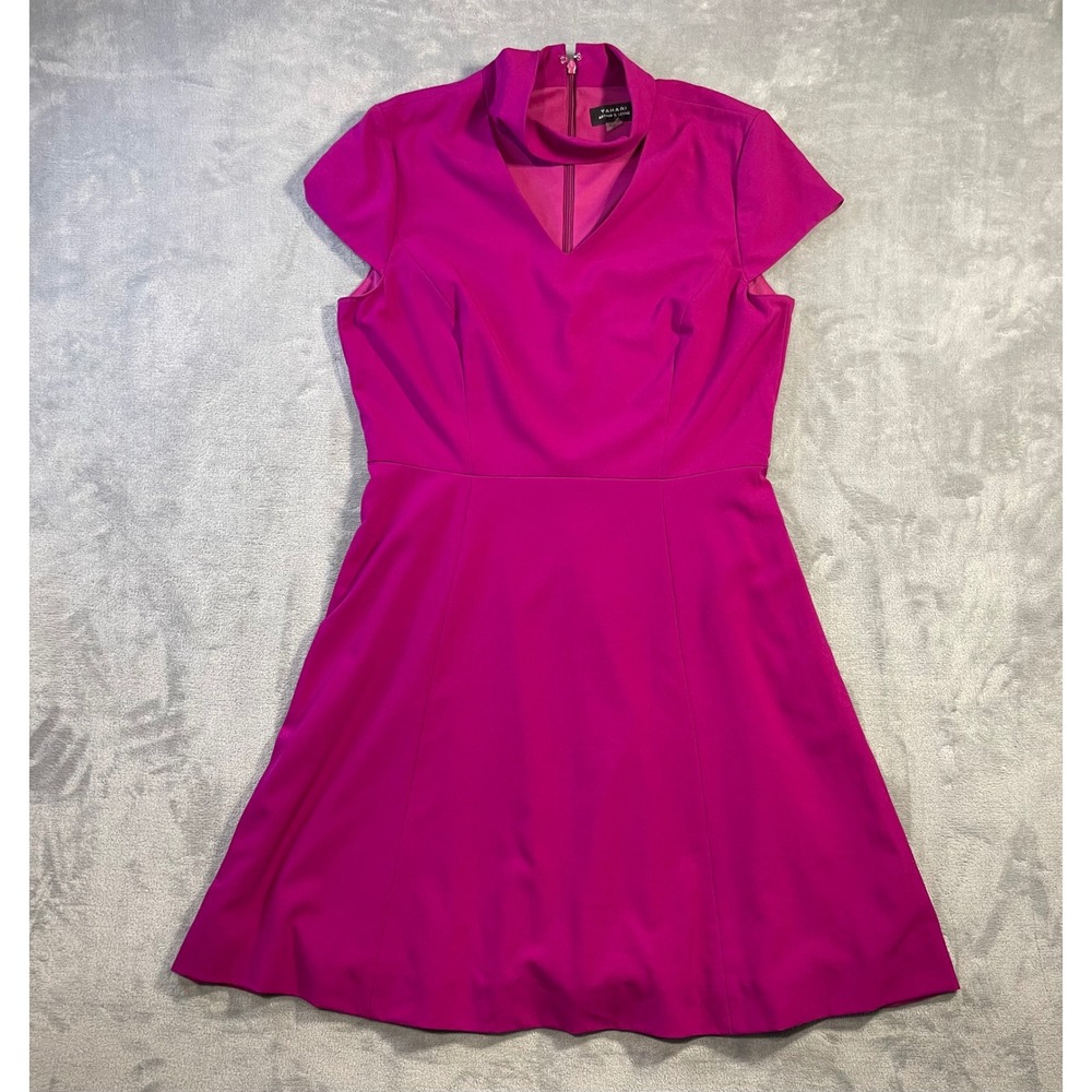 Tahari Womens Arthur S Levine Fit Flare Dress 12 Pink Mock Neck Cutout